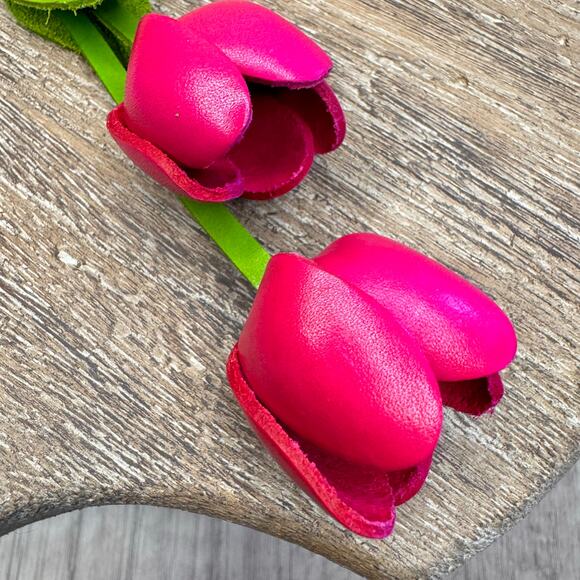 Leather Bright Pink Tulip Purse Charm Genuine Leather Tulip Spring Bag Charm - Picture 6 of 6